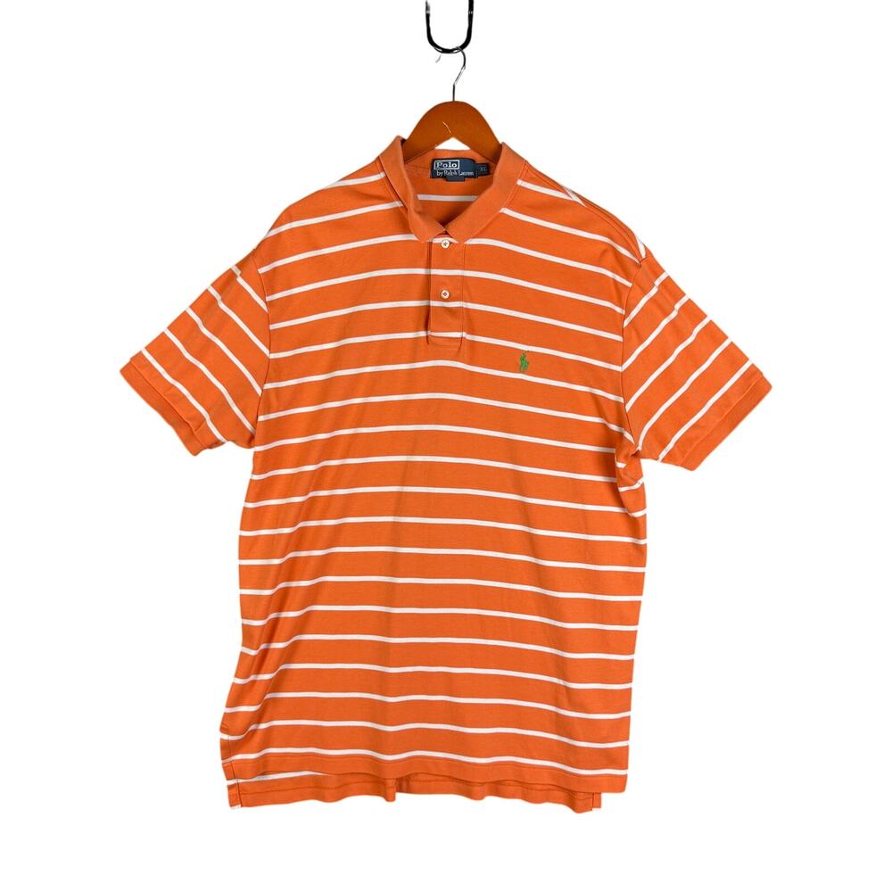 Polo by Ralph Lauren Striped 100% Cotton Polo Shirt Orange White Mens XL Vintage